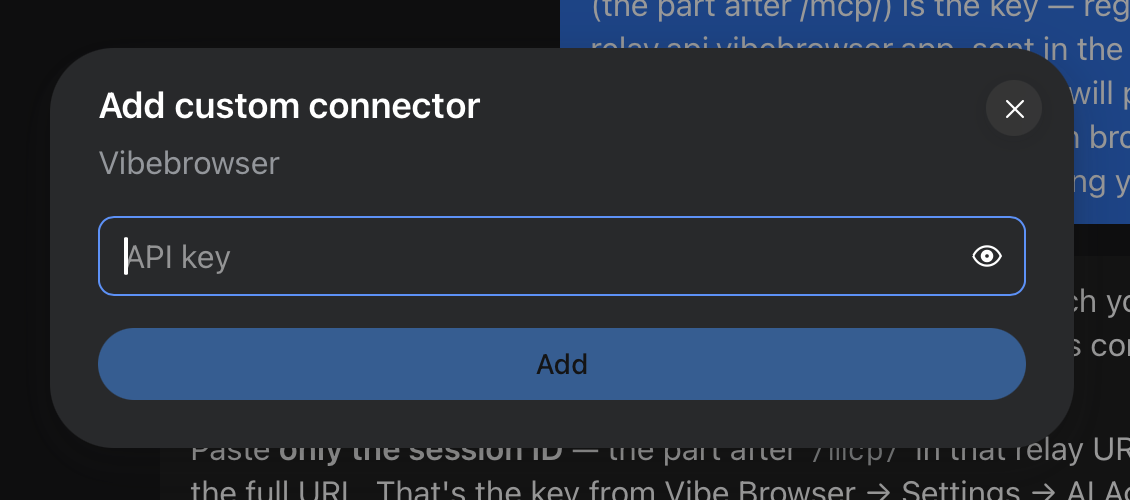 Muse’s Add custom connector card for Vibebrowser — a single API key field and an Add button