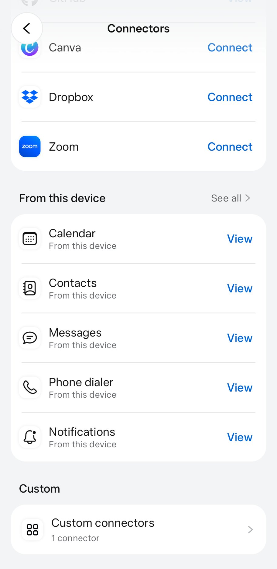 The Muse app Connectors screen, scrolled to the Custom section with Custom connectors