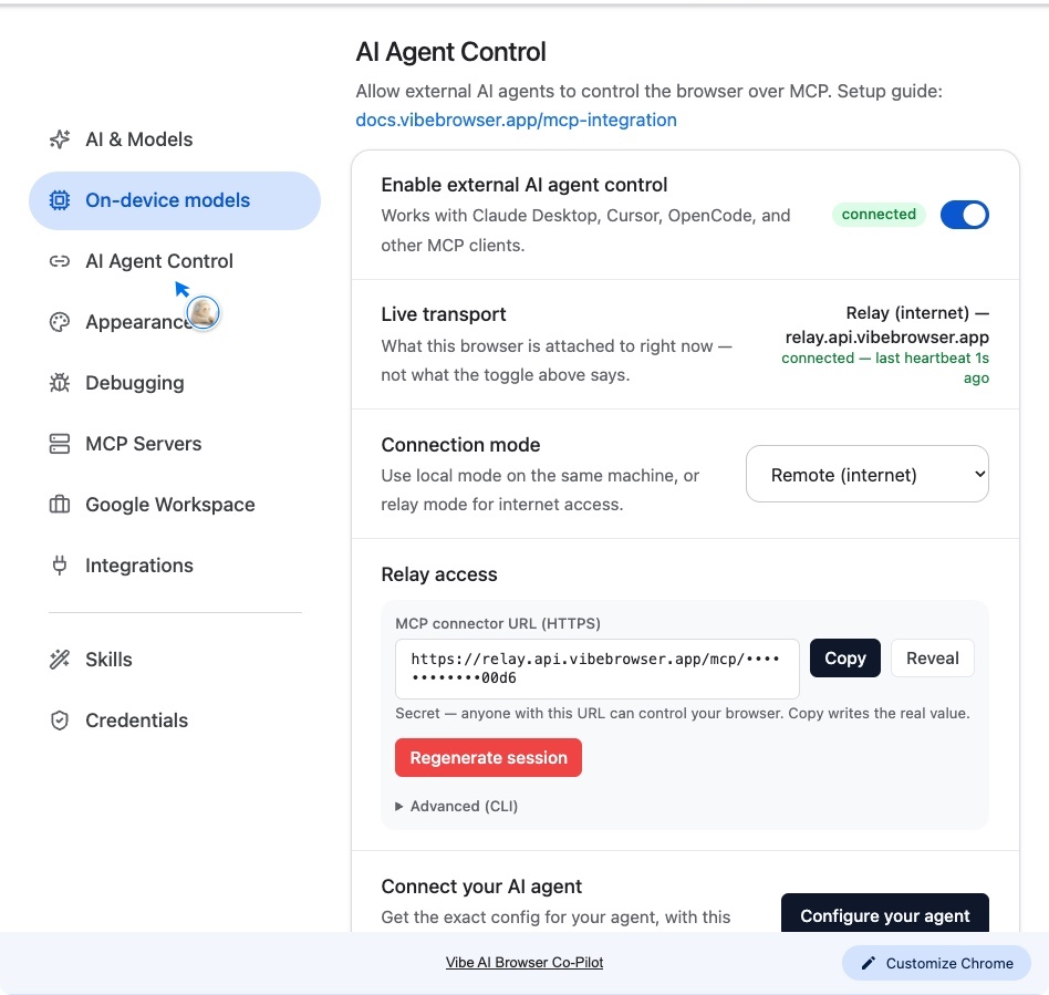 Vibe extension settings — AI Agent Control in the left menu, external agent control on, connection mode set to Remote